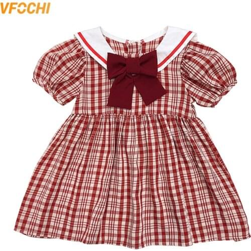 VFOCHI 2021 Girl Dress Summer Girls Clothes Bowknot Preppy Style Girl Party Dress Fashion Kids Dress Cotton Girl School Dress