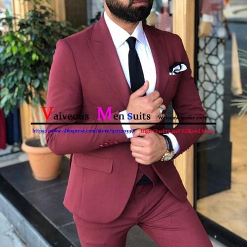 Burgundy Business Suits for Men Tuxedo 2 Piece Slim Fit Man Groomsmen Blazers Formal Dinner Party Bridegroom Suit (Jacket+Pants)