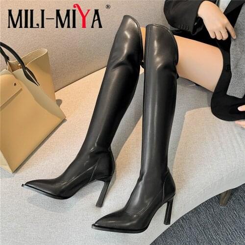MILI-MIYA Brand Autumn Winter Women Pointed Toe Over The Knee Boots Good Quality Leather Thin High Heel Sexy Party Dress Shoes