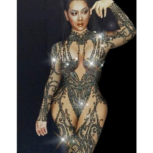 Women Black Nude Rhinestone Jumpsuit Nightclub Bar Wear Stones Bodysuit Leggings Prom Celebrate Outfit Performance Dress