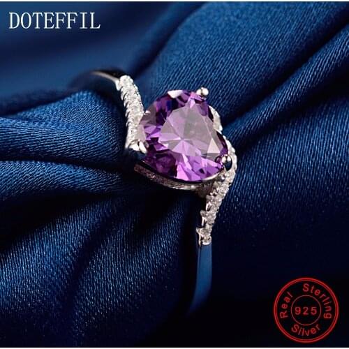 New Arrivals 100% Sterling Silver Purple Zircon Rings Women Charm Silver Fashion Heart Rings Jewelry