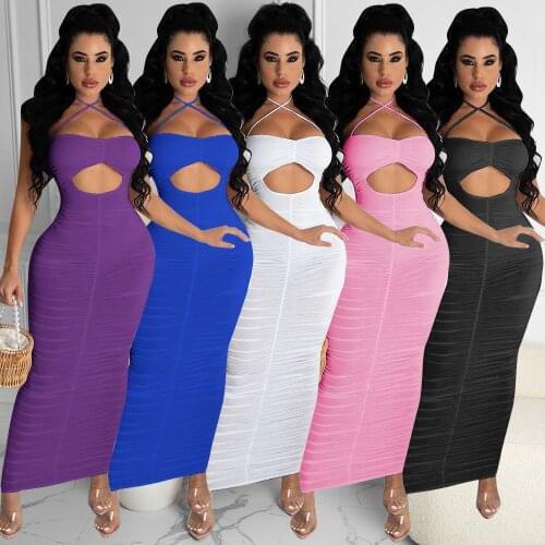 Women Sexy Bodycon Hollow Spaghetti Strap Halterneck Pleated Long Slim Club Dress