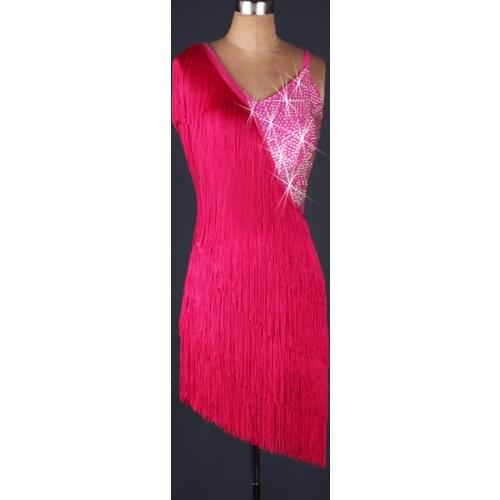 Svitania Woman Latin Dance Dress Tassel Rhinestone Strap Salsa Dresses Stage Dancewear S-2XL