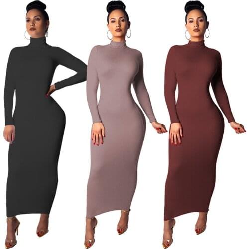 FNOCE 2020 autumn winter womens dress fashion casual elegant solid Long Sleeve Turtleneck sexy package hip slim maxi Dress