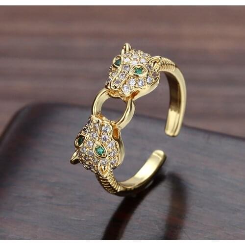 Gold Leopard Head ring Punk Hip Hop Animal Ring jewelry adjustable open ring copper cubic zirconia for women gift dropshipping