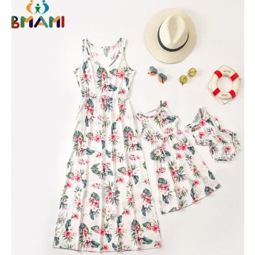 3 Colors Family Matching Outfits Printed Mother Daughter Dress Womens Sleeveless Dress Baby Girl Romper Mommy and Me Clothes