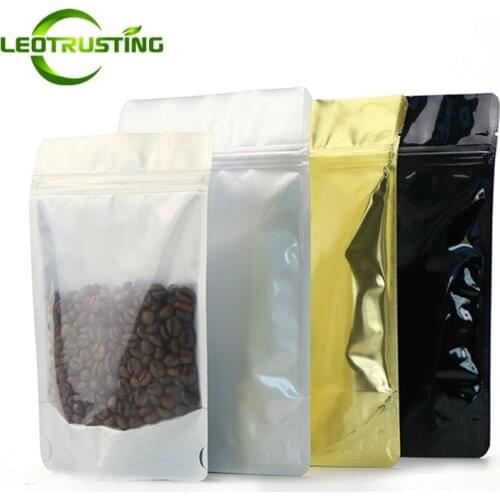 50pcs One Side Clear Aluminum Foil Zip Lock Bag Stand Up Translucent Coffee Beans Bag Clear Front Gift Packing Bags