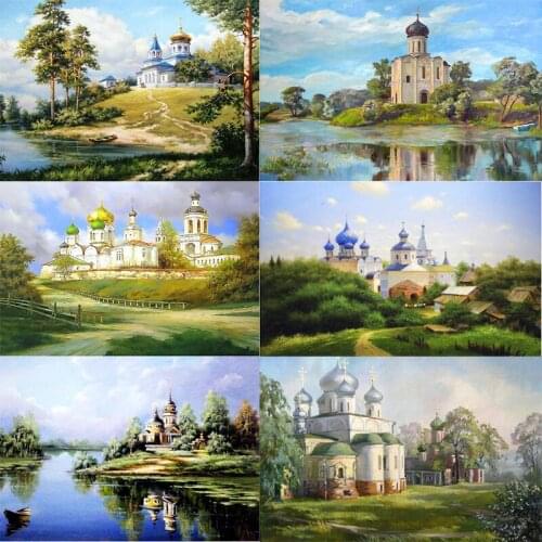 DIY diamond embroidery church summer landscape diamond painting full square round landscape painting rhinestone mosaic handmade