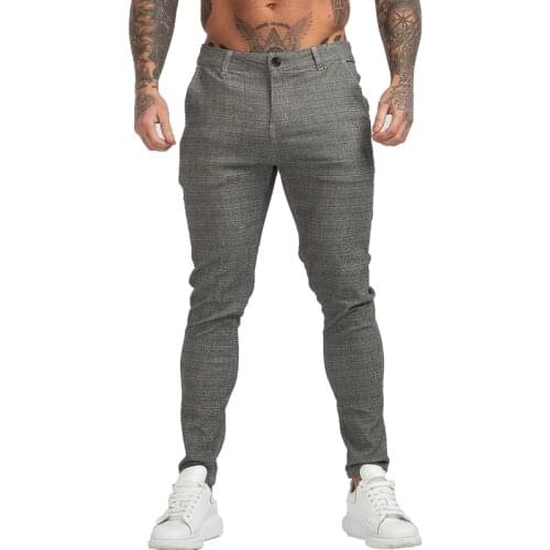 GINGTTO Men Chinos Trousers Skinny Super Stretch Chino Pants Slim Fit Mens Casual Pant Plaid Elastic Waist London Fashion zm3144