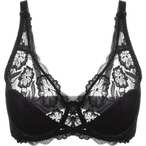 Black Lace Bra Women Sexy Bras Floral Embroidery Minimizer Thin 3/4 Coverage Transparent Bra 36 38 40 42 44 46 C D E