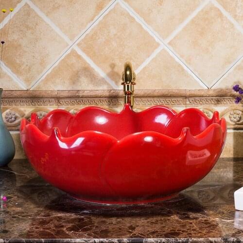 Chinese Handmade Flower Modern Artistic red Vessel Sink Ceramic Bathroom Sink art basin sink