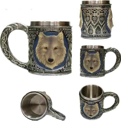 Classic 150ml 18/8 Stainless steel Coffee&Tea Cup 3D Modeling Goblet Beer Mug 450ml Resin Carving Wolf Totem Red Wine Cups