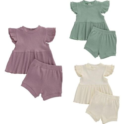 0-5 Years Kid Baby Girls 2-Piece Outfit Set Sleeveless Ruffle Knitted Round Neck Top Drawing Strap Elastic Band Shorts GIrls Set