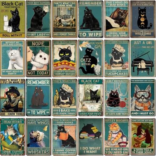 Cute Cat Metal Poster Vintage Tin Signs Home Living Bedroom Toilet Stair Wall Decor Tin Plaques Iron Painting Black Pussycat