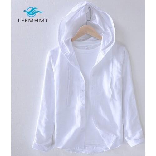 9208 Men Spring Autumn Fashion Brand Japan Style Striped Cotton Linen Hooded Shirts Male Casual Long Sleeve White Blouse Clothes