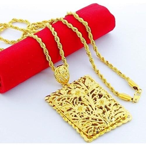 New 24K Gold Jewelry Vintage Exquiste Square Plant Flower Totem Pendant Necklace with Twisted Rope Chian Yellow Gold Color