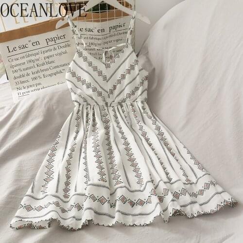 OCEANLOVE Sexy A-line Vestido Fashion V Neck High Waist Dresses Women Print Sleeveless Beach Style Dresses Chic Ropa Mujer 16415