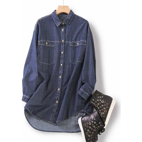 Solid Denim Women Shirts Autumn New 2021 Turn-Down Collar Pocket Long Loose Casual Female Outwear Coats Tops