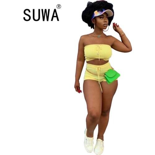 Wholesale Women Sport Solid Two Piece Set Jogger Sweatpants Suit Strapless Crop Top Shorts Tracksuit Matching Set Fitness Beach