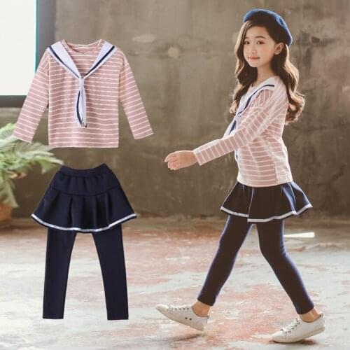 Autumn Girls Clothing Suit Striped Shirt + Skirt Clothes Suit Childrens Clothing Childrens Sportswear Youth School Sportswear