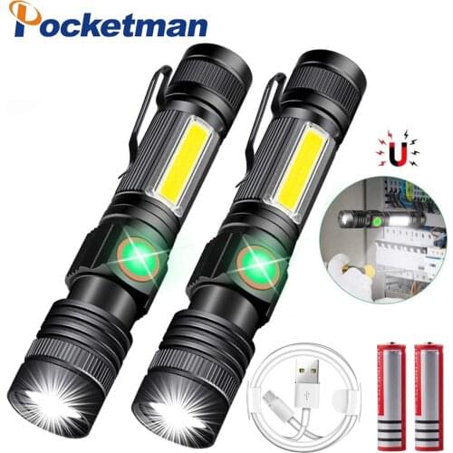 USB Rechargeable led Flashlight Super Bright Magnetic LED Torch with Cob Sidelight a pocket clip Zoomable for Camping Fishing