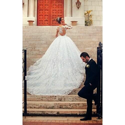 Luxurious princess ball gown 2018 long sleeve see through sexy bridal gown vestido de noiva manga mother of the bride dresses