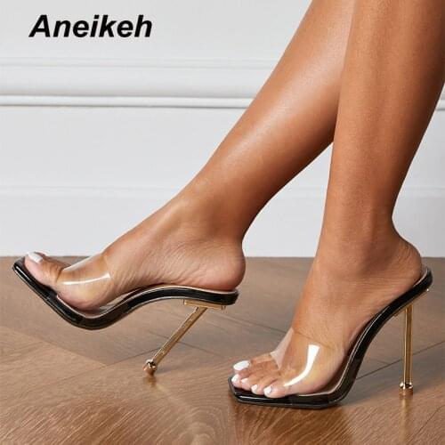 Aneikeh Summer Women Shoes Sandals Slides PVC Shallow Fashion Concise High Heels Outside Square Toe Zapatos De Mujer Solid 2021