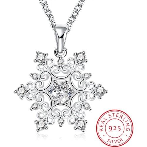 925 Sterling Silver Rhinestone Snowflake Pendants&Necklaces Pure Sterling Silver 925 Chain Necklace Fine Jewelry