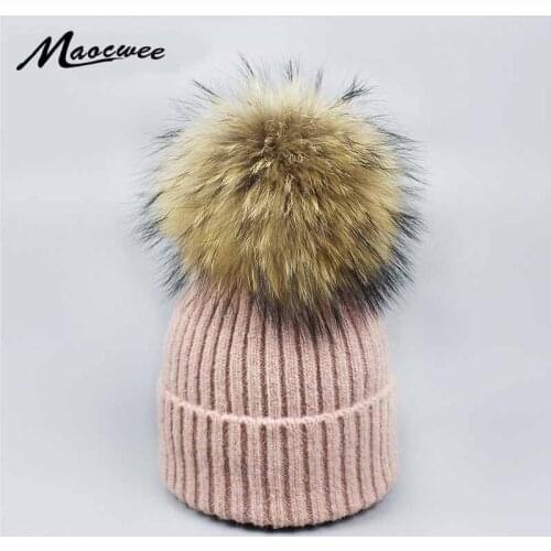 Autumn winter beanies knitted wool hat unisex Skullies casual cap real raccoon fox fur pompom solid colors ski gorros cap hat