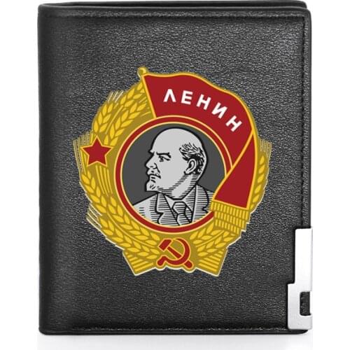 High Quality Luxury Soviet Great Lenin Printing Leather Wallet Credit Card Holder Short Male Slim Purse For Men