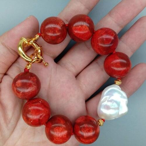 YYGEM 18mm Red round Sponge Coral White Nucleated Flameball Baroque Pearl strand Bracelet 8" handmade style for women