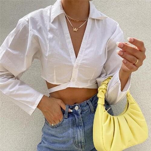 Women’s Casual Long Sleeve Blouse White Crop Top Autumn All-match Cardigan Fashion Lapel Bandage Exposed Navel Shirt