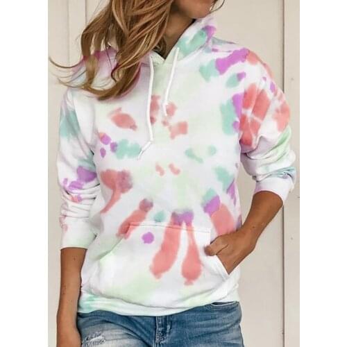 Womens Casual Hoodie Tie Dye Fashion O-Neck Contrast Color Long Sleeve Sweatshirt Harajuku Streetwear Cool Girls Clothing