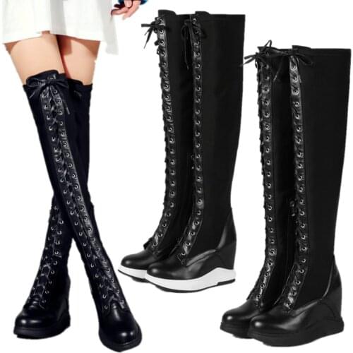EUR34-46 Fashion Sneakers Womens Cow Leather Thigh High Boots Stretchy Over the Knee Increasing Height Long Booties Oxfords