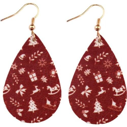 ZWPON PU Leather Teardrop Christmas Earrings for Women Fashion Snowflake Print Santa Claus Earrings Fall Jewelry Wholesale