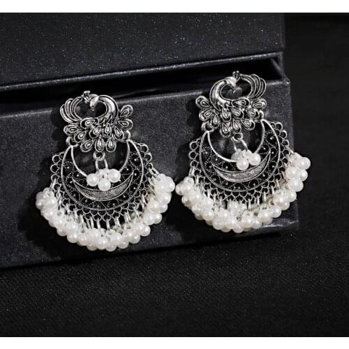 Classic Peacock Silver Color Indian Jhumka Earrings Oorbellen Womens Vintage Pearl Beads Tassel Earrings