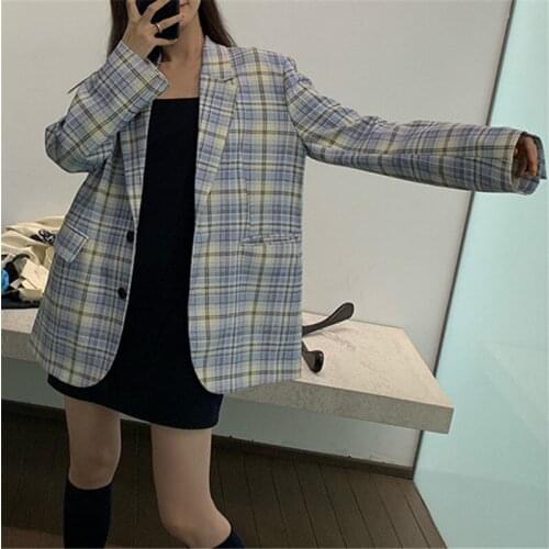 Women Fashion Casual Blue Check Blazer Autumn Elegant Retro Slim Jacket Vintage Office Lady Workwear Female Chic Blazer Cardigan