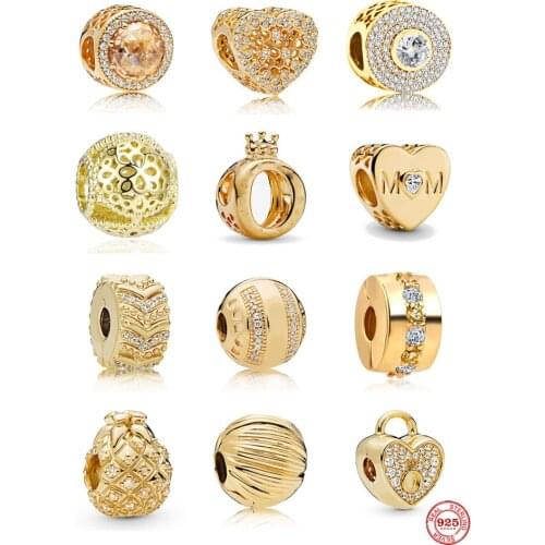 Original 925 sterling silver gold clip safety mom crown lock openwork beads Fit Pandora Bracelets Necklaces for Women Making