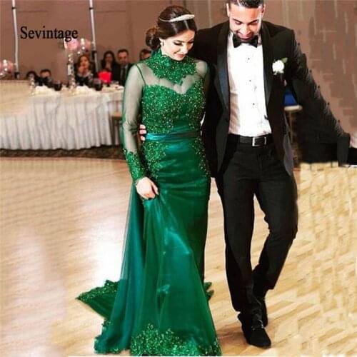 Sevintage Mermaid High Neck Celebrity Dresses Long Sleeves Red Carpet Dress Lace Appliques Beaded Evening Gowns Women Party