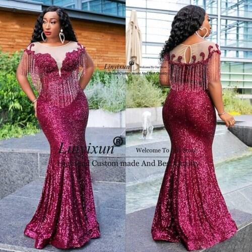 2020 Aso Ebi Arabic Burgundy Sparkly Sequins Evening Dress Sheer Neck Beads Mermaid Prom Dresses Tassel Plus Size robe de soiree
