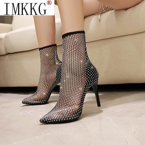 2021 Hot Nightclub Crystal Bling Summer Breathable Pointed Toe Super stiletto High Heels rhinestone over-the-knee gladiator boot