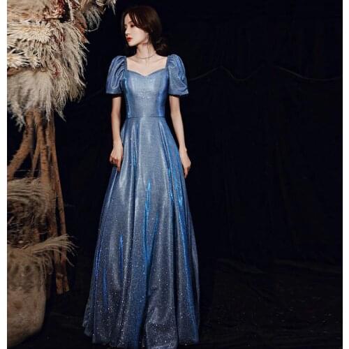 2021 Summer Tea Party sexy Blue Bandage A-line Puff sleeve Wedding Toast Clothing Coctail Dress Host Vestidos Formales