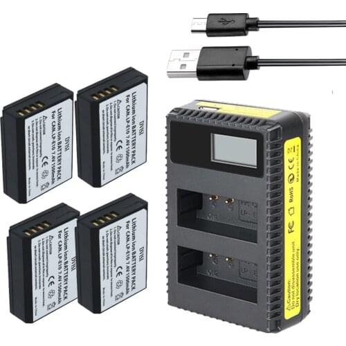 4Pcs LP-E10 LP E10 LPE10 Camera Battery + LCD Charger for Canon EOS 1100D 1200D Kiss X50 X70 Rebel for T3 T5 EOS1100D EOS 1200D