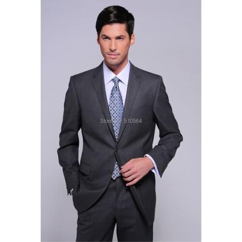 Free shipping high quality worsted wool grey stripe men suit custom made wedding business suit(jacket+pants)