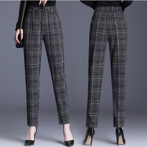 2021 Autumn Winter Fashion Woolen Plaid Trousers Women Loose Plus size Harem pants High waist Casual Female Nine-point pants