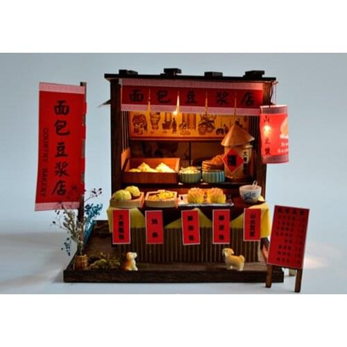 DIY Handcraft Miniature Project Wooden Dolls House Antique Bread Soybean Milk Shop with Furniture Foods Accessories Kit