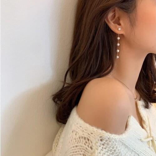 LATS Trend Simulation Pearl Long Earrings for Women Moon Star Flower Rhinestone Wedding Drop Earring 2021 Fashion Korean Jewelry