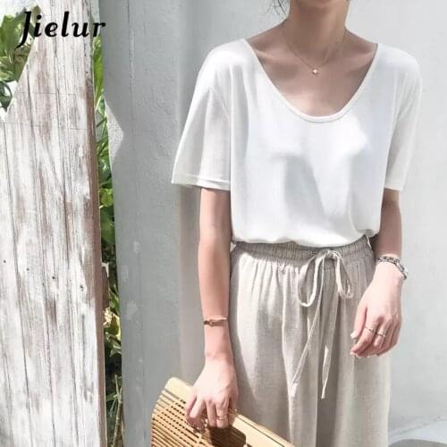 Jielur Harajuku Vintage Tee Shirt Summer Basic V-neck Solid Color T-shirt Female Short Sleeve Cool Woman Tshirt White Pink Tops