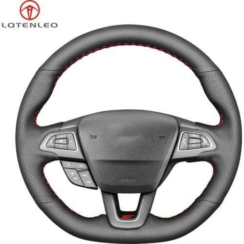 LQTENLEO Black Artificial Leather Car Steering Wheel Cover For Ford Focus (RS | ST | ST-Line) Kuga (ST-Line) Ecosport (ST-Line)