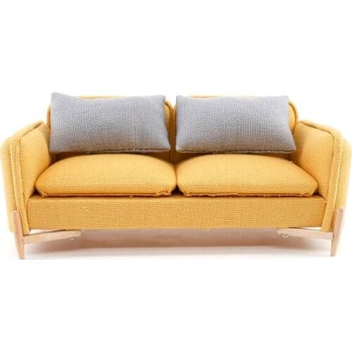 M02-X072 children baby gift Toy 1:12 Dollhouse mini Furniture Miniature rement Solid wood double yellow sofa 1pcs